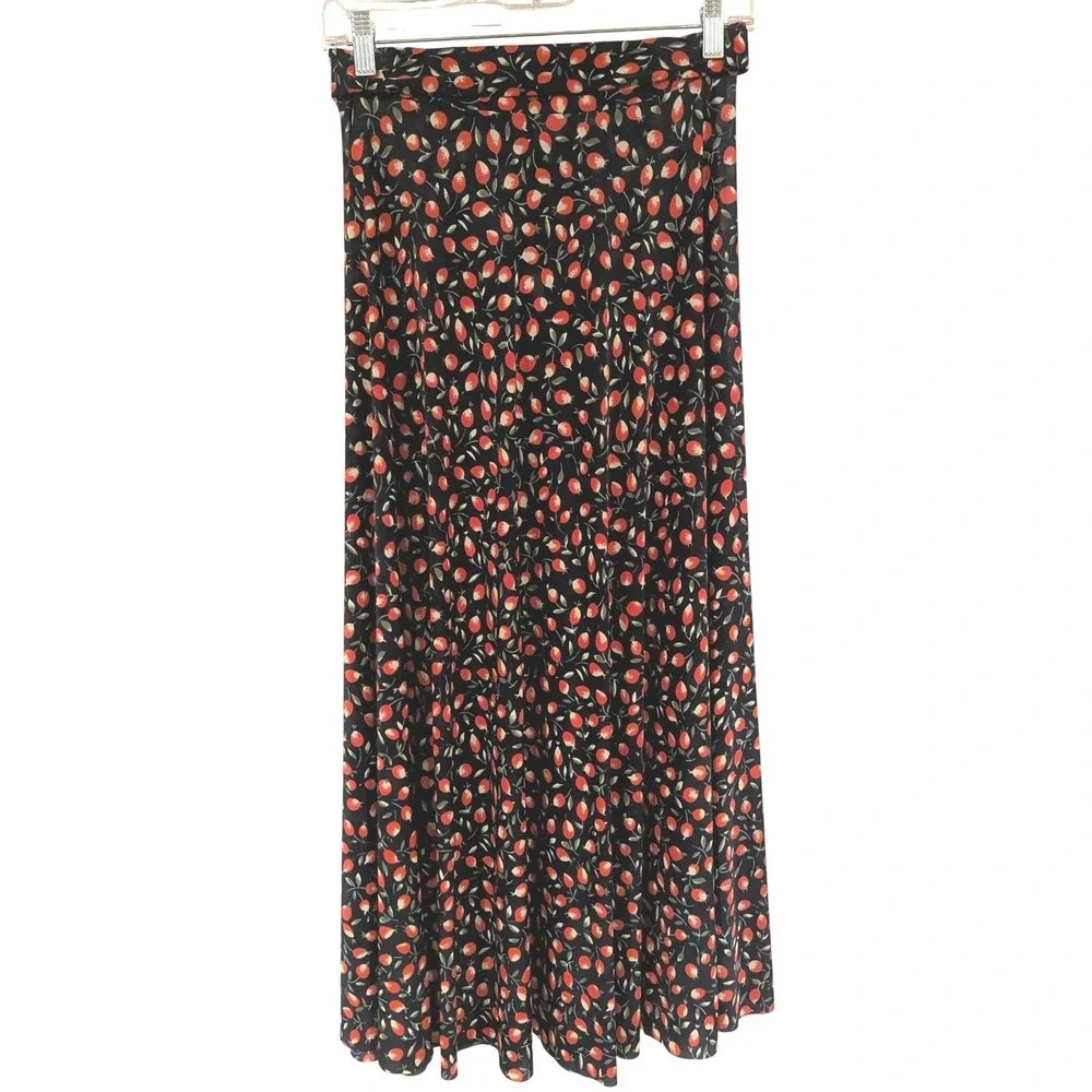 Floral Fruit Bud Print Navy‎ Maxi Skirt L/XL High Waisted Flowy Cotton Blend